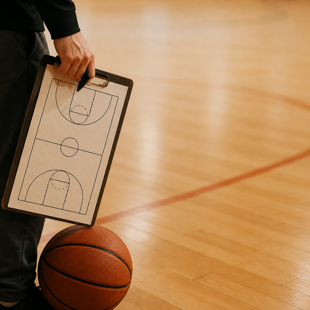Coach's clipboard and basketball courtside