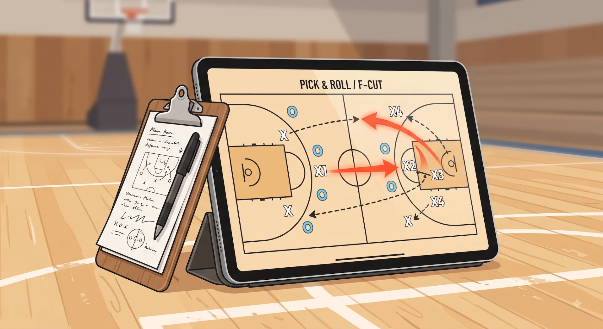 Basketball coaching playbook displayed courtside